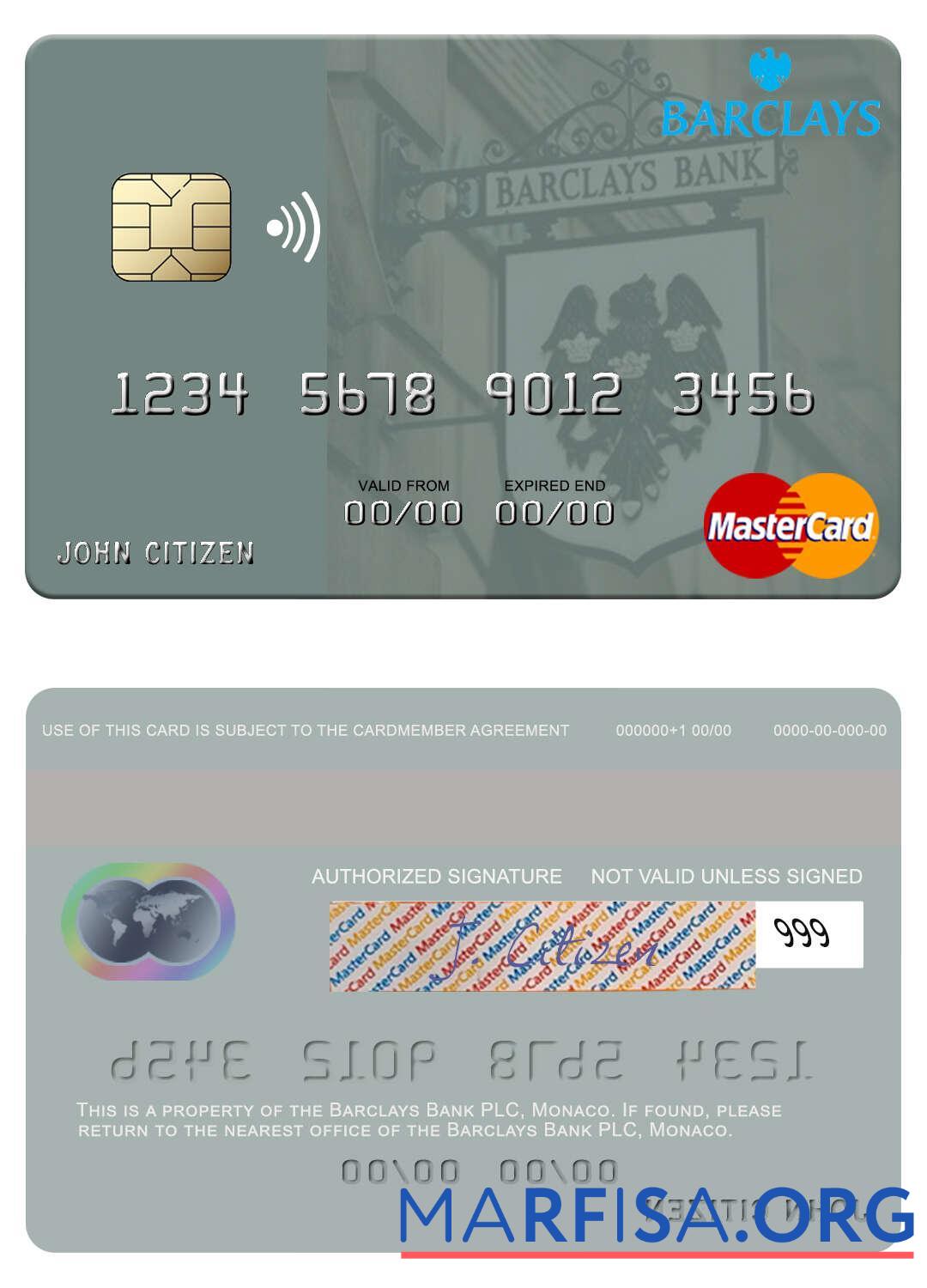 Blank Monaco Barclays Bank PLC mastercard download for verification